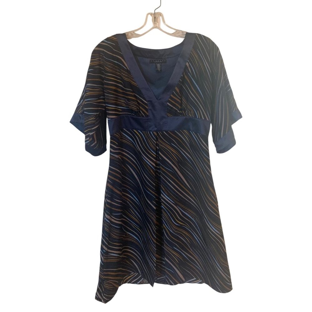 LAUNDRY by Shelli Segal Navy Blue Striped 100% Silk Women's Kimono Dress Size 6